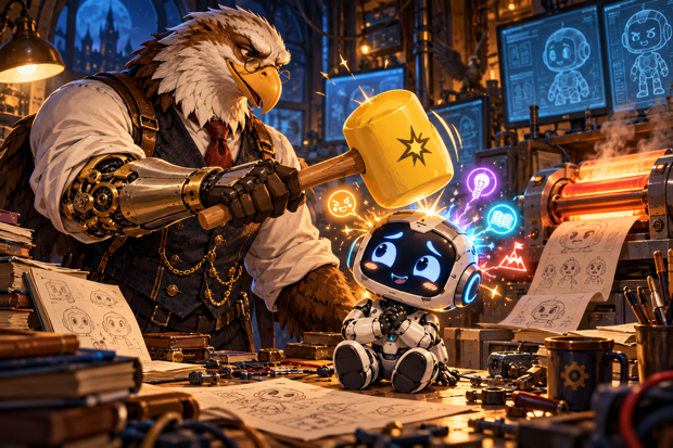 Francis, depicted as a cybernetic eagle gentleman, gently calibrates a new AI agent with a bright yellow personality mallet.